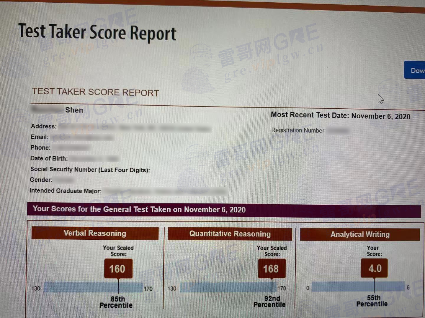 雷哥网GRE一对一学员沈同学一战出分328