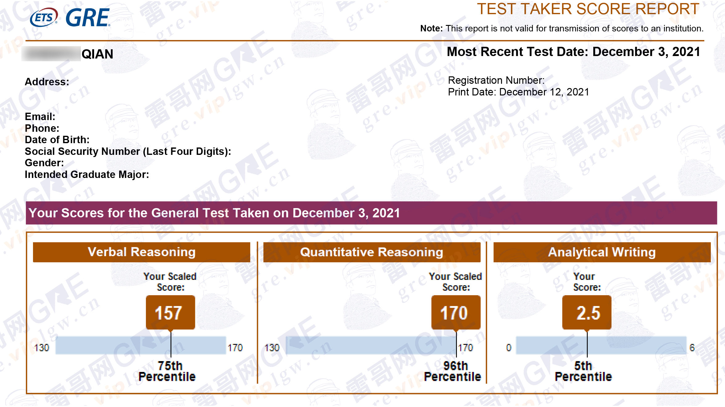 雷哥GRE学员钱同学出分327（157+170）