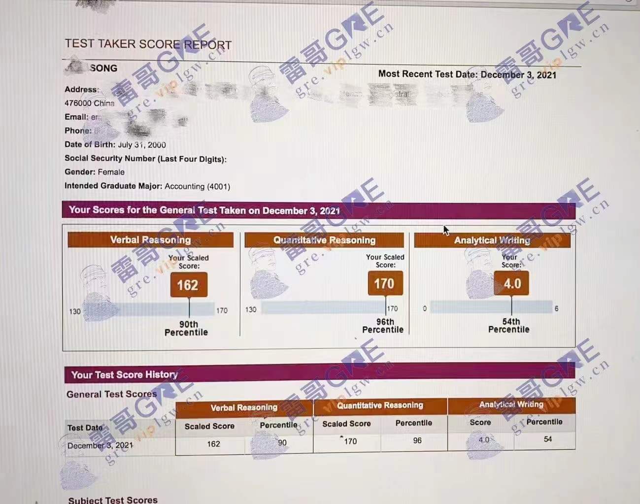 雷哥GRE经典强化课学员宋同学一战出分332